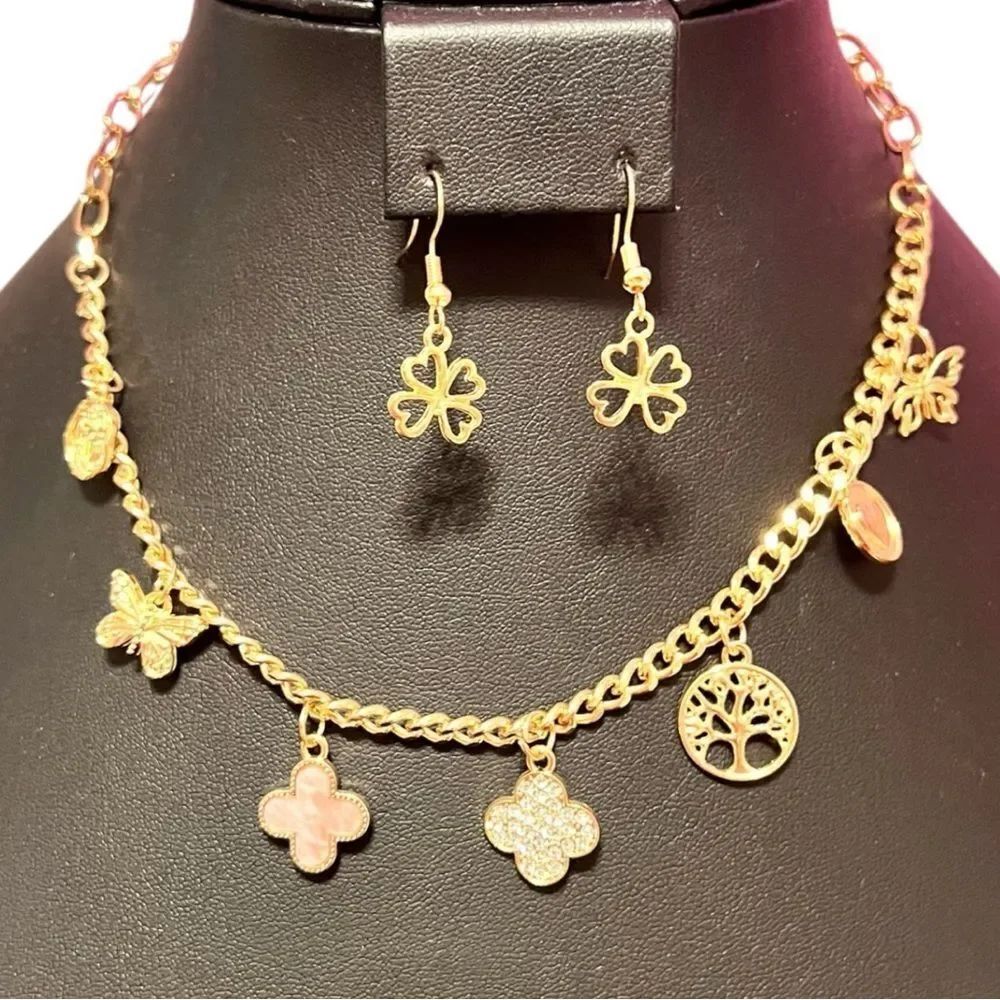 Gold Tone Pink And Crystal Clover Butterfly Heart Charm Necklace and Earring Set